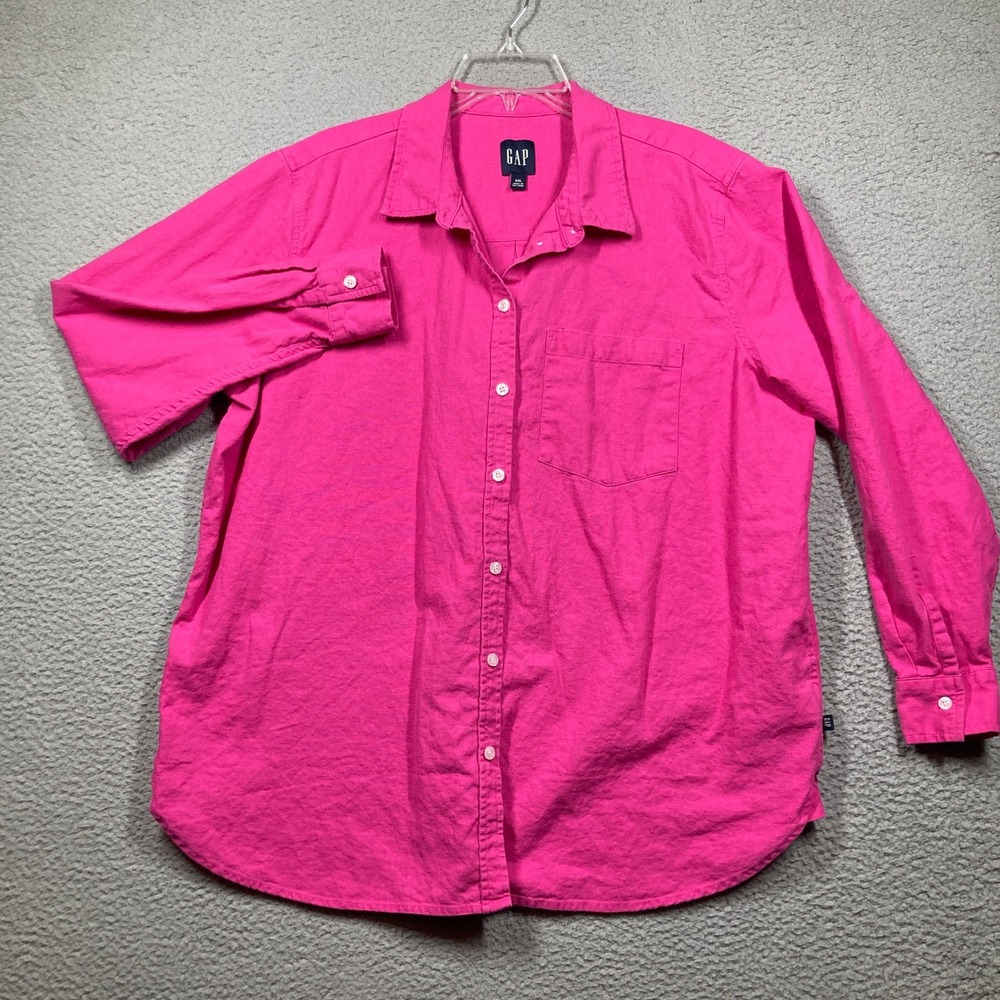 GAP Women's Pink Linen Blend Button Down Shirt XXL Long Sleeve Collared Pocket - Picture 2 of 10